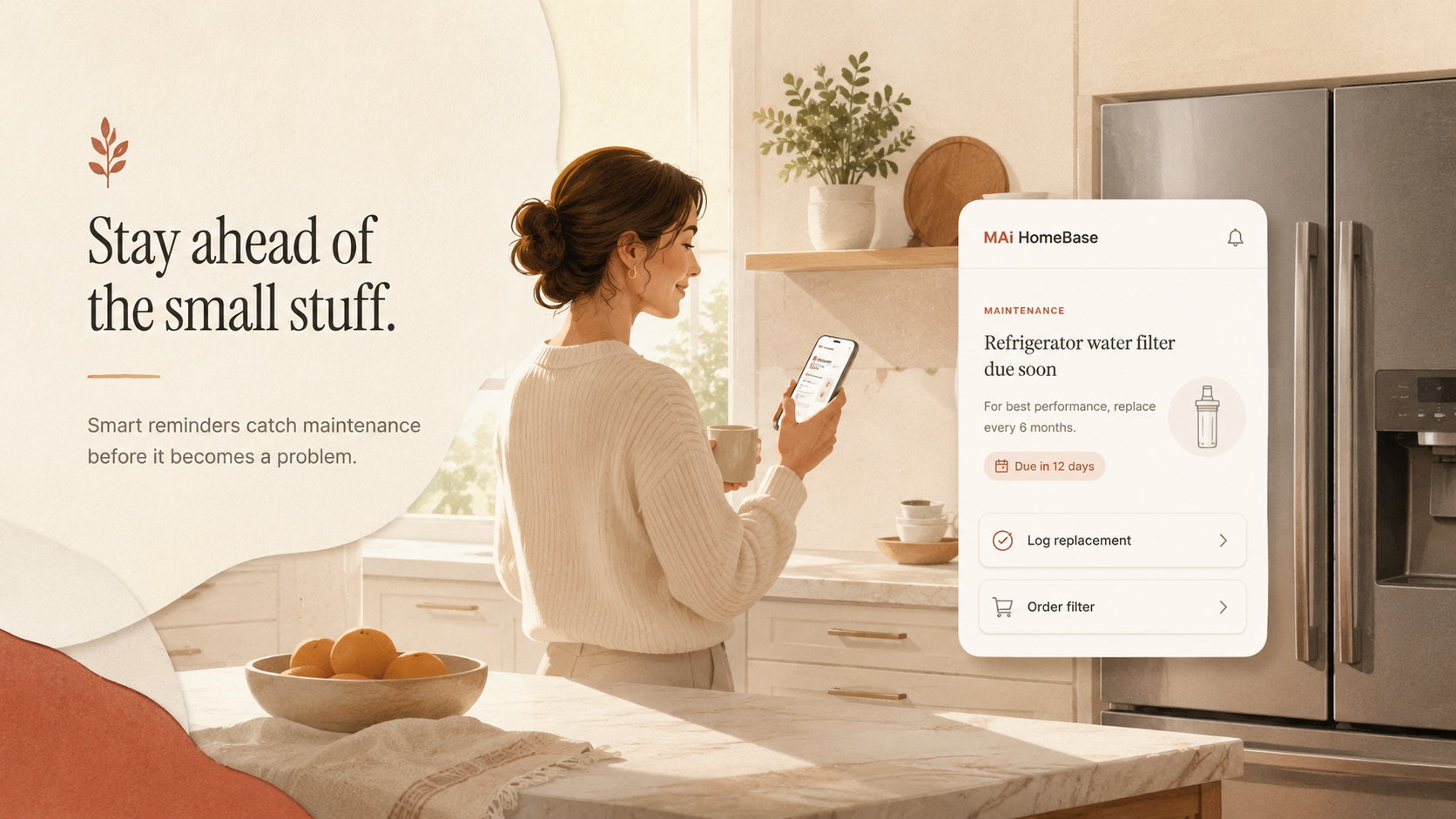 MAi HomeBase refrigerator water filter reminder scenario